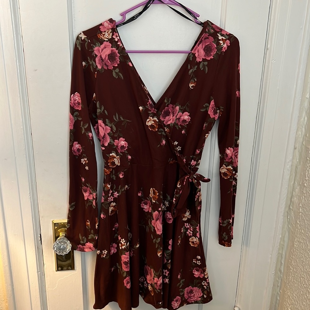 Burgundy floral tie dress